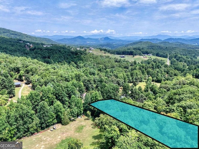 birds eye view of property with a mountain view and a forest view