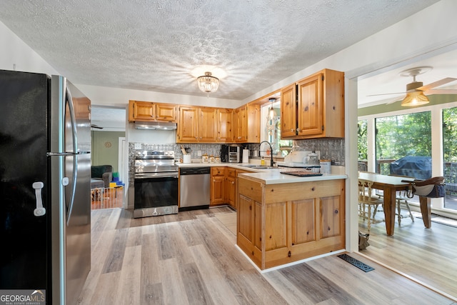 kitchen with backsplash, sink, appliances with stainless steel finishes, light hardwood / wood-style floors, and ceiling fan