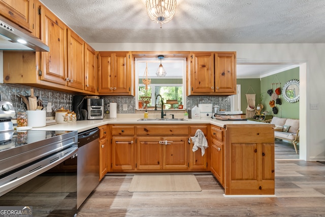 kitchen featuring sink, backsplash, light hardwood / wood-style floors, and stainless steel appliances