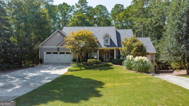 view of front of property with a garage, driveway, and a front yard