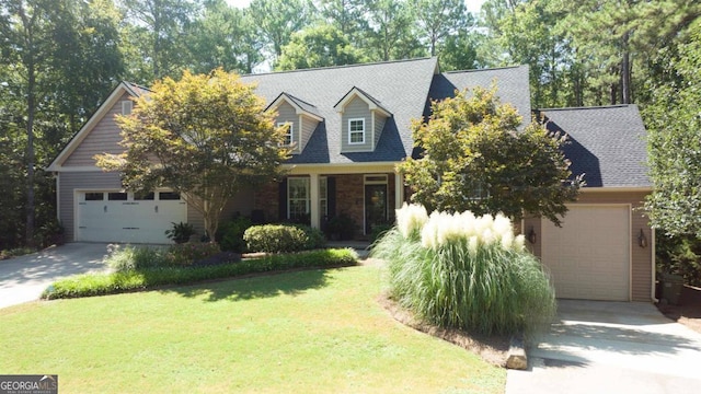 cape cod home with a garage, roof with shingles, and a front yard