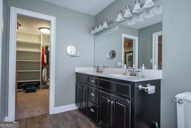 bathroom with vanity and hardwood / wood-style floors