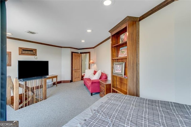 carpeted bedroom featuring ornamental molding