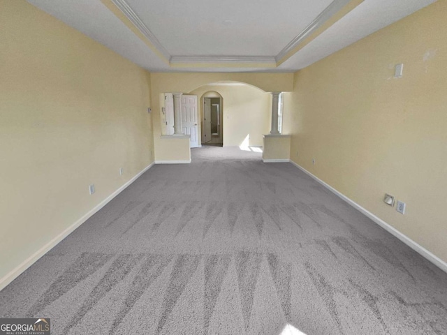 carpeted spare room featuring crown molding and a tray ceiling