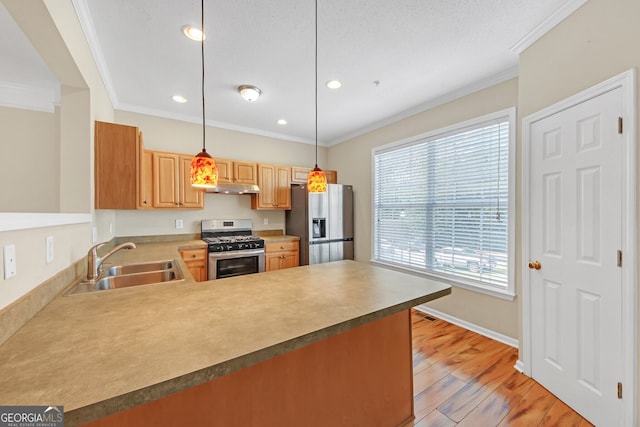 kitchen with decorative light fixtures, stainless steel appliances, ornamental molding, sink, and light wood-type flooring