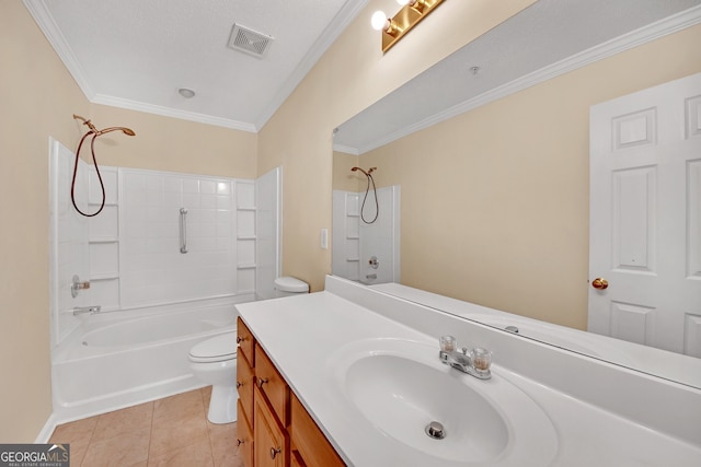 full bathroom with vanity, tile patterned flooring, toilet, ornamental molding, and shower / bathing tub combination