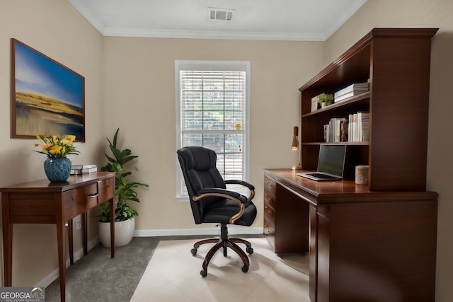 office space with ornamental molding