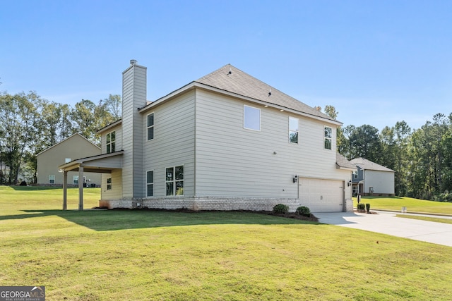 view of property exterior with a garage and a lawn