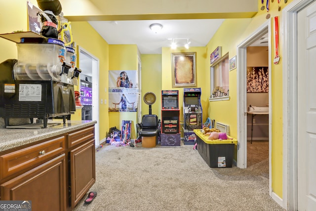 recreation room with track lighting and light colored carpet