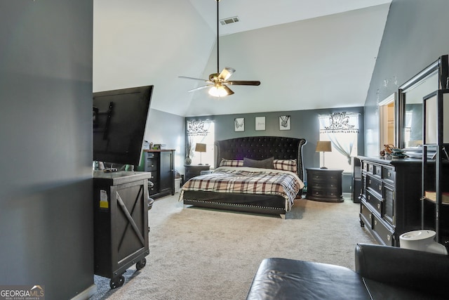 carpeted bedroom with multiple windows, high vaulted ceiling, and ceiling fan