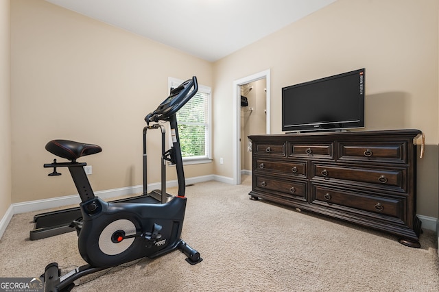 workout area featuring light colored carpet