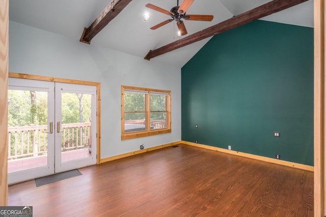 interior space with french doors, ceiling fan, dark wood-type flooring, beam ceiling, and high vaulted ceiling