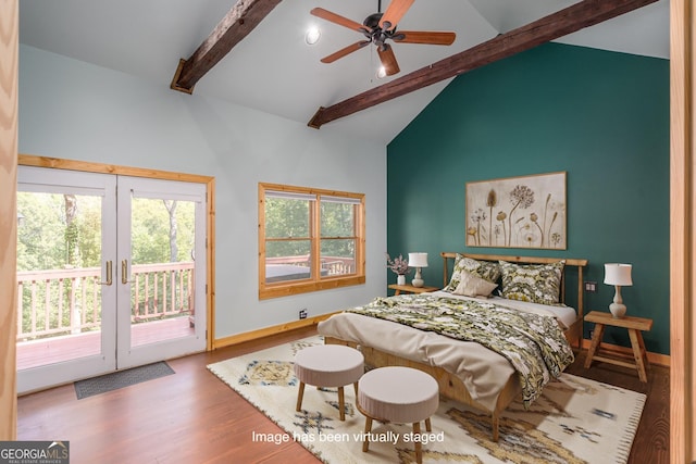 bedroom featuring ceiling fan, french doors, vaulted ceiling with beams, wood-type flooring, and access to outside