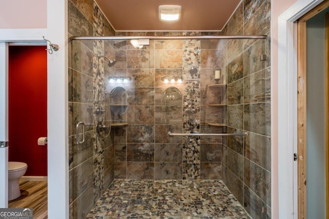 bathroom with toilet and an enclosed shower