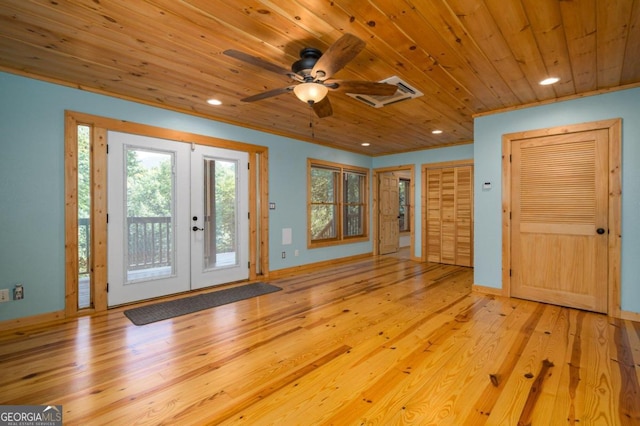 interior space with french doors, light hardwood / wood-style floors, ceiling fan, and wooden ceiling