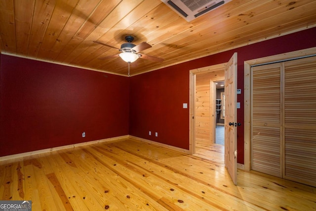 spare room with ceiling fan, light hardwood / wood-style flooring, and wooden ceiling