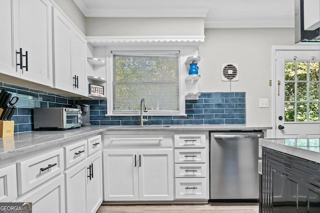 kitchen with white cabinetry, a sink, stainless steel dishwasher, and open shelves