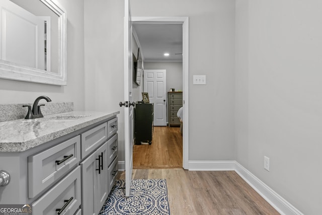 bathroom with baseboards, wood finished floors, and vanity