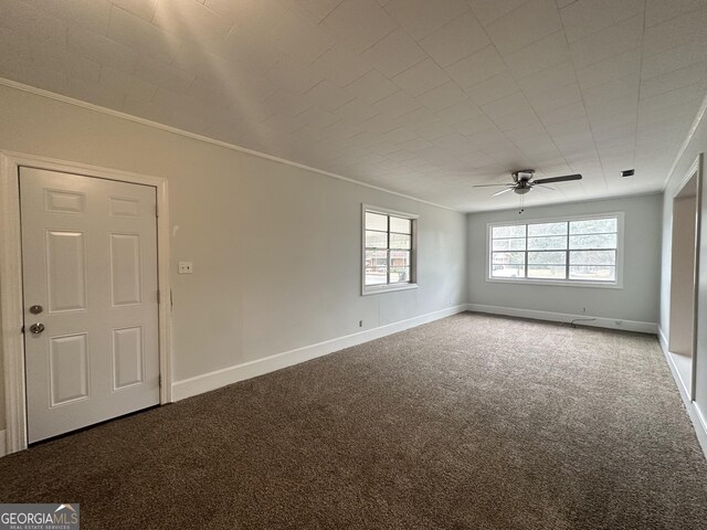 spare room with baseboards, ornamental molding, and carpet flooring