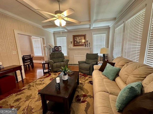 living room with ceiling fan, dark wood-type flooring, beamed ceiling, and a wealth of natural light