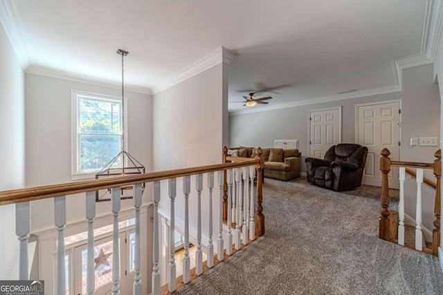 hall with crown molding and carpet flooring