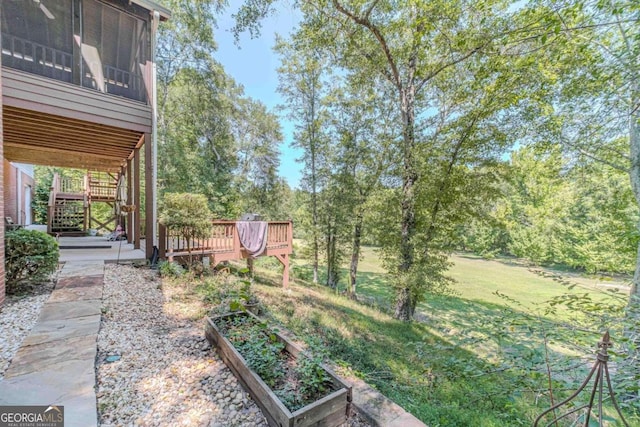 view of yard featuring a wooden deck