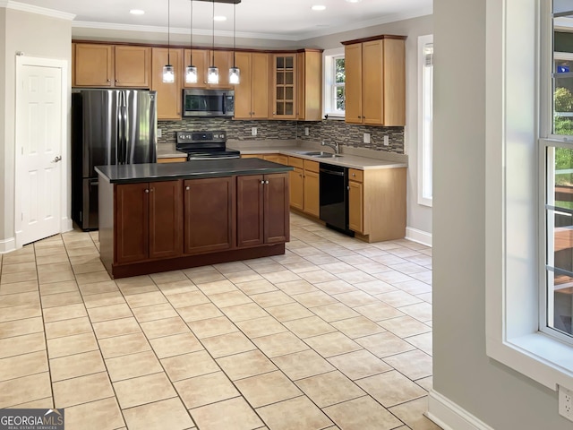 kitchen with dark countertops, a kitchen island, glass insert cabinets, stainless steel appliances, and pendant lighting