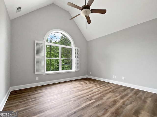 305 Crest Pointe S, Bremen, GA 30110 - spare room with ceiling fan, wood finished floors, baseboards, and high vaulted ceiling