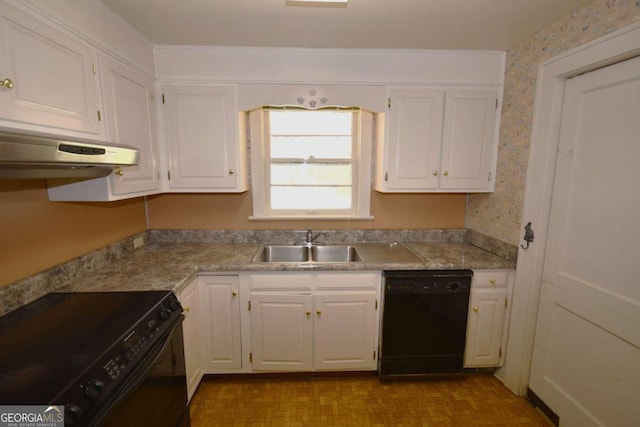 kitchen featuring white cabinetry, sink, and black appliances