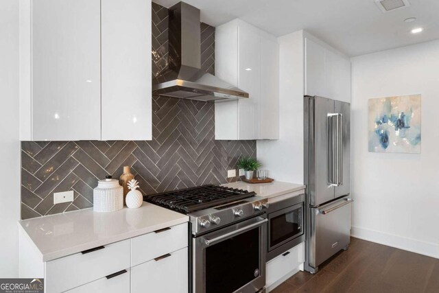 kitchen featuring decorative backsplash, white cabinets, high quality appliances, and wall chimney exhaust hood