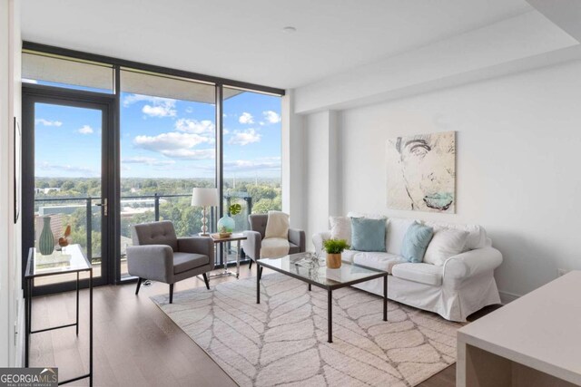 living room with hardwood / wood-style floors and a wall of windows