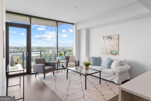 living room featuring expansive windows and wood finished floors