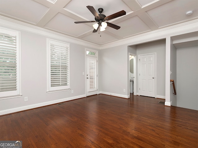 spare room featuring ornamental molding, coffered ceiling, dark hardwood / wood-style floors, and ceiling fan