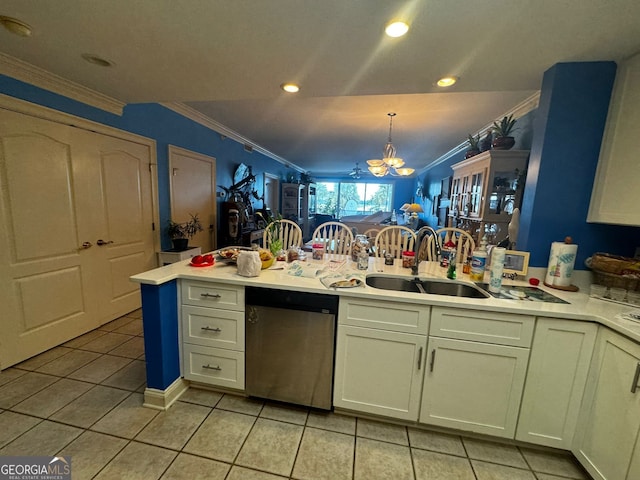 kitchen with crown molding, a sink, light countertops, dishwasher, and an inviting chandelier