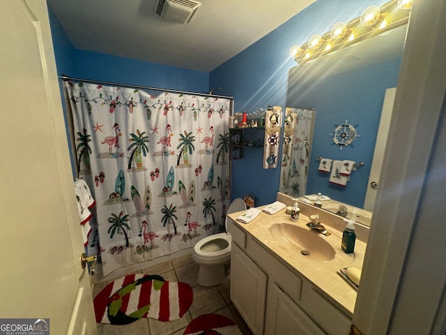 bathroom with shower / bath combination with curtain, visible vents, toilet, vanity, and tile patterned floors