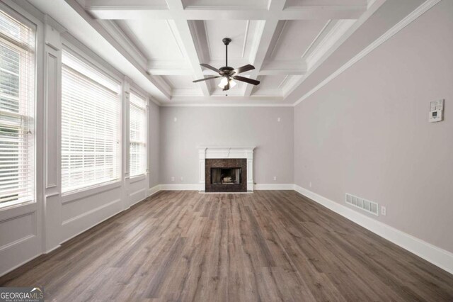 unfurnished living room with coffered ceiling, dark hardwood / wood-style floors, a healthy amount of sunlight, and a premium fireplace