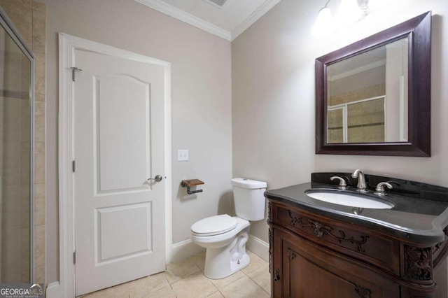 bathroom featuring toilet, tile patterned flooring, vanity, walk in shower, and crown molding