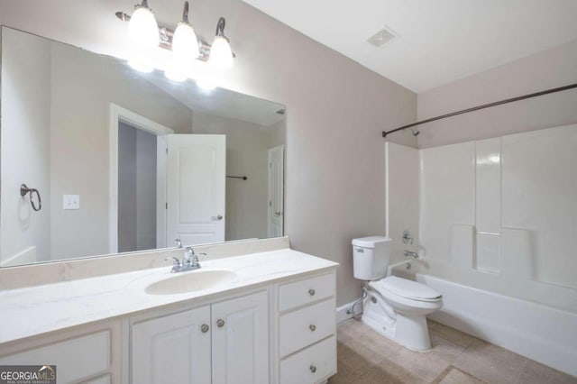 full bathroom with tile patterned flooring, toilet, shower / tub combination, and vanity