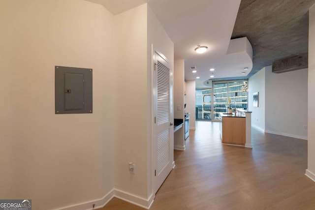 hall featuring floor to ceiling windows, electric panel, and light wood-type flooring