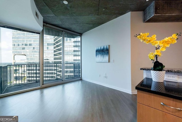 interior space with a wealth of natural light, expansive windows, and dark hardwood / wood-style flooring