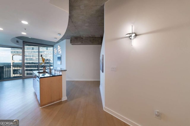 kitchen featuring sink, a wall of windows, and hardwood / wood-style floors