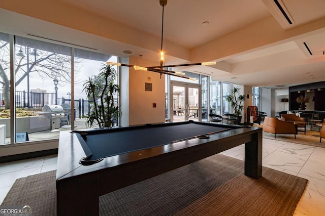 playroom featuring light tile patterned floors, pool table, and french doors