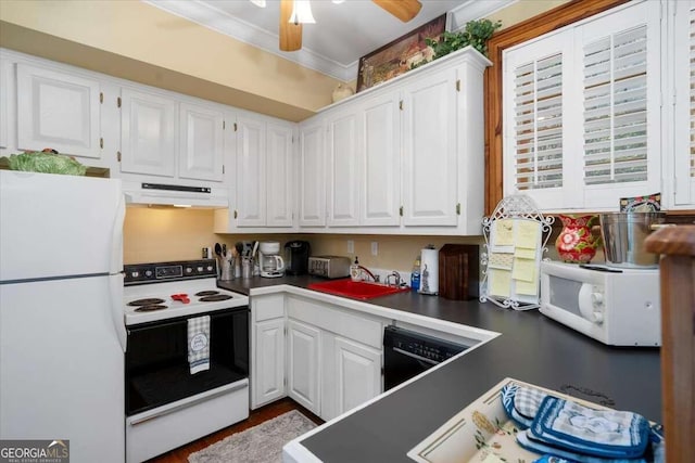 kitchen with sink, white appliances, ceiling fan, and white cabinets