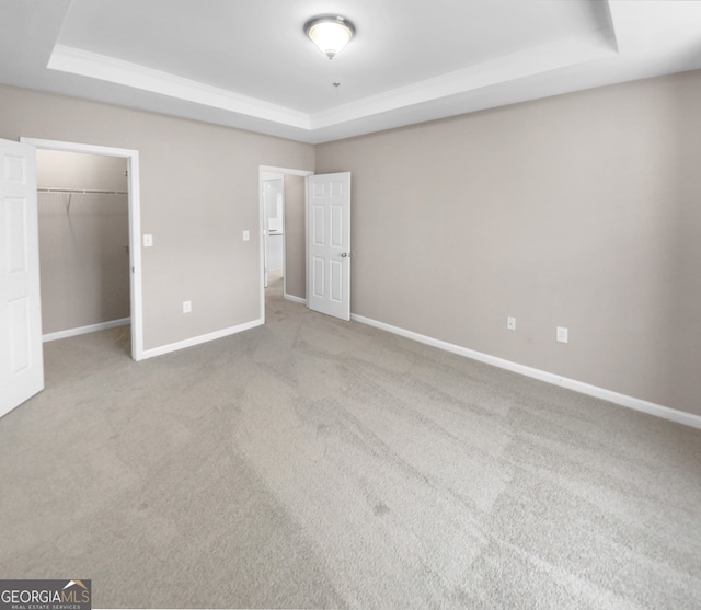 empty room featuring carpet and a raised ceiling