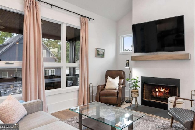 living room featuring vaulted ceiling, a fireplace with flush hearth, and wood finished floors