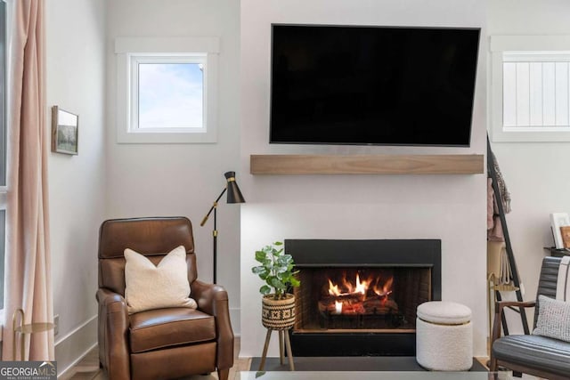 living area featuring a lit fireplace