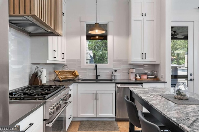 kitchen with wall chimney exhaust hood, a healthy amount of sunlight, appliances with stainless steel finishes, and a sink