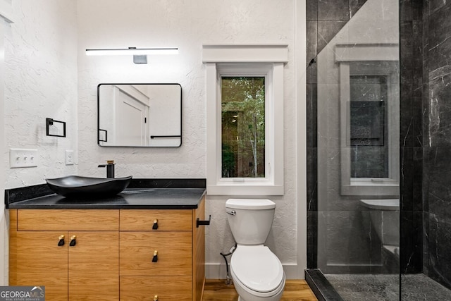 bathroom with a shower with shower door, hardwood / wood-style floors, toilet, and vanity