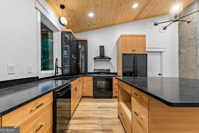 kitchen featuring pendant lighting, black appliances, wooden ceiling, wall chimney exhaust hood, and light hardwood / wood-style floors