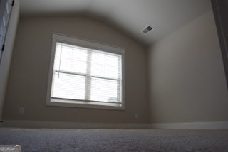 unfurnished room featuring vaulted ceiling, a wealth of natural light, and carpet floors